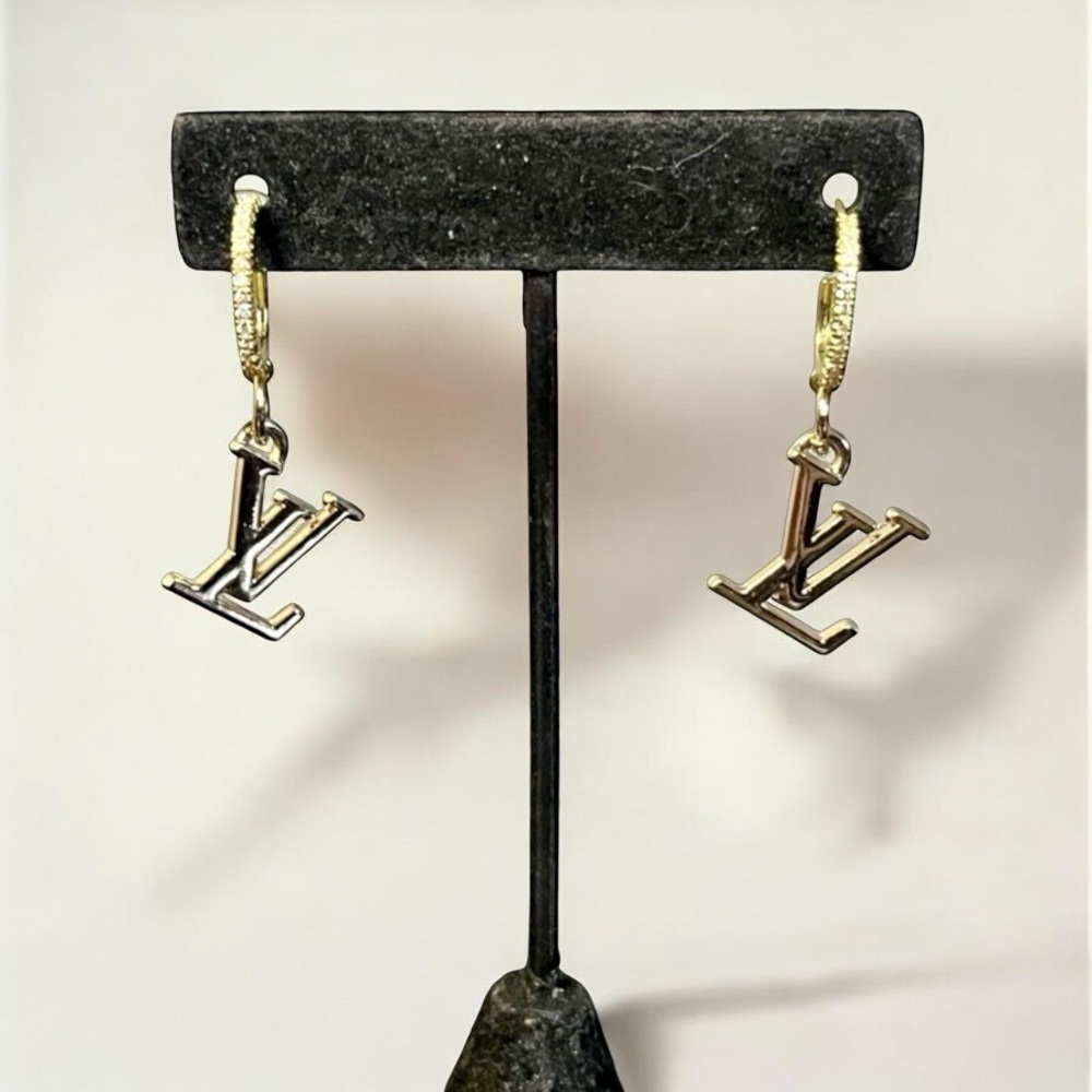 Upcycled LV Louis Vuitton Stamped Charm Dangle Earrings